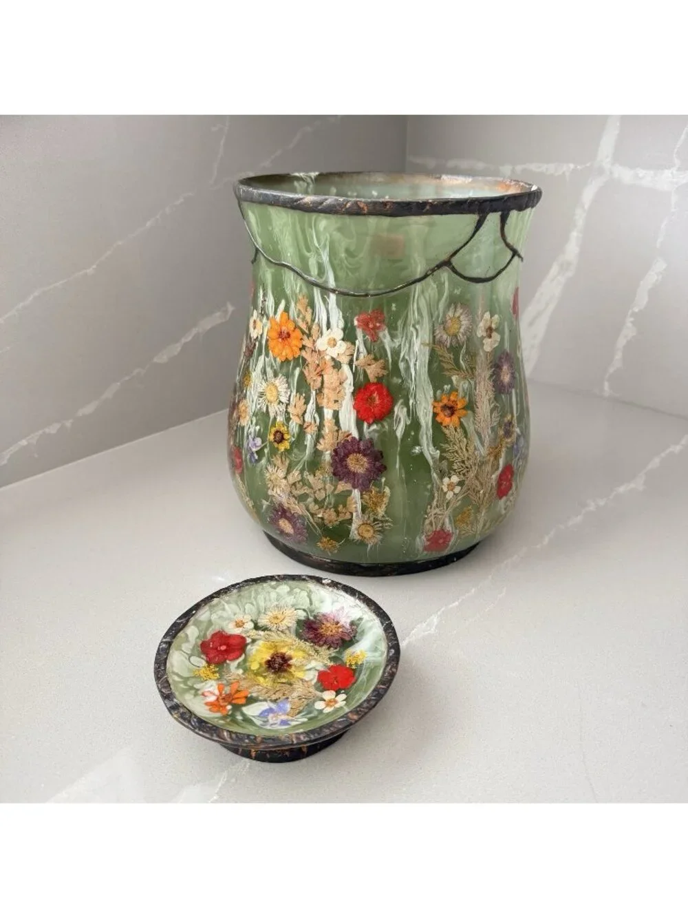 India Ink Co. Fresh Fields Lucite Waste Trash Can Soap Or Trinket Dish Floral